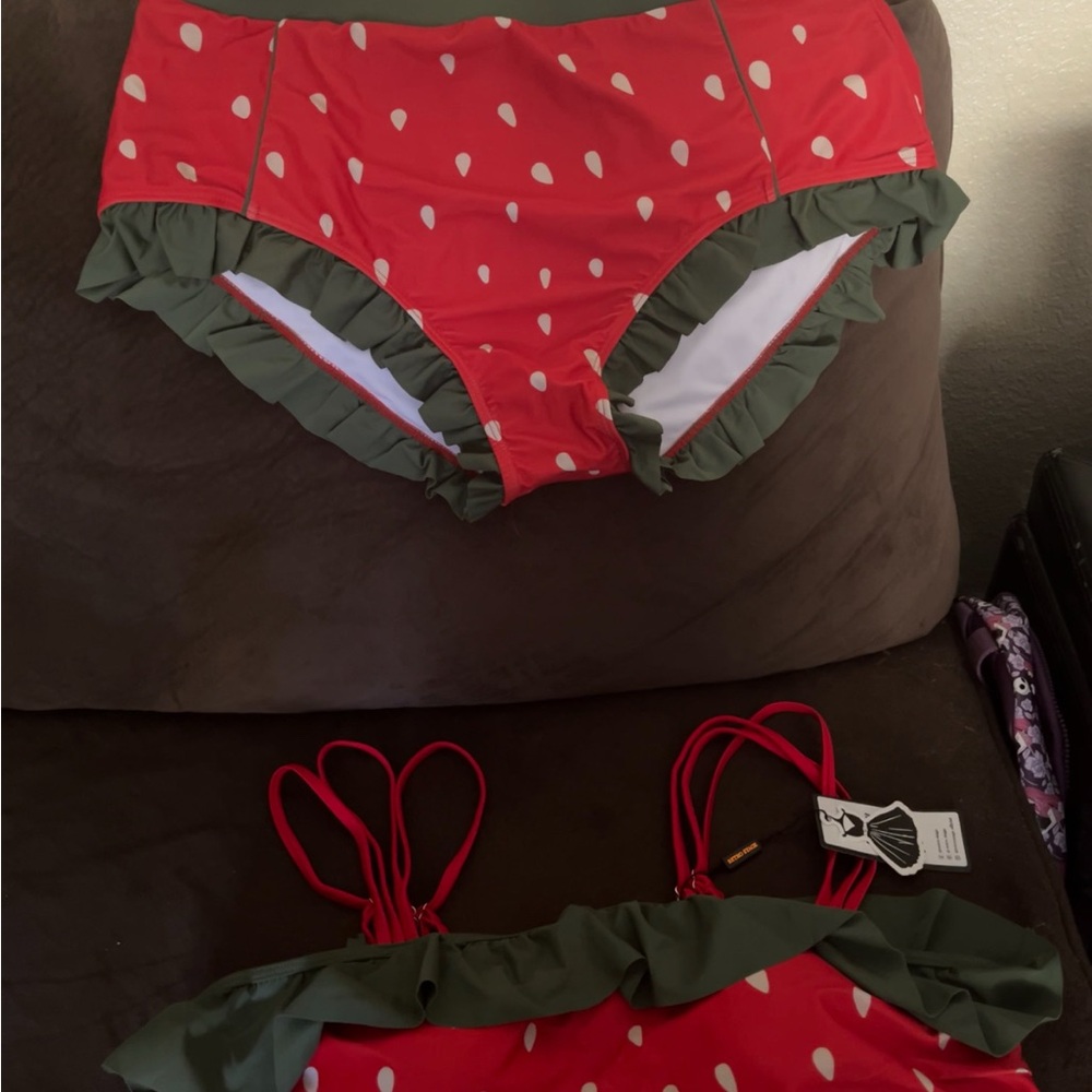 Red and Green Ruffled Bikini Set